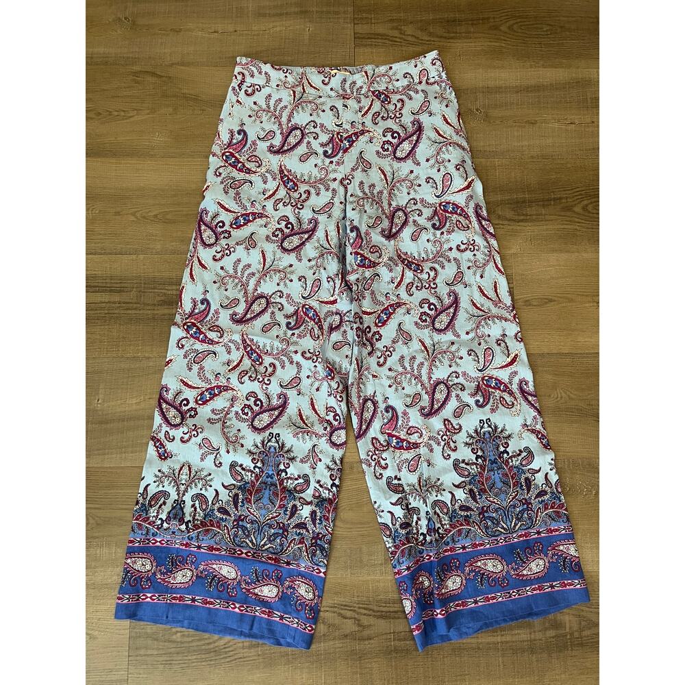 LOFT Blue & Purple Paisley Wide Leg Linen Blend Pants